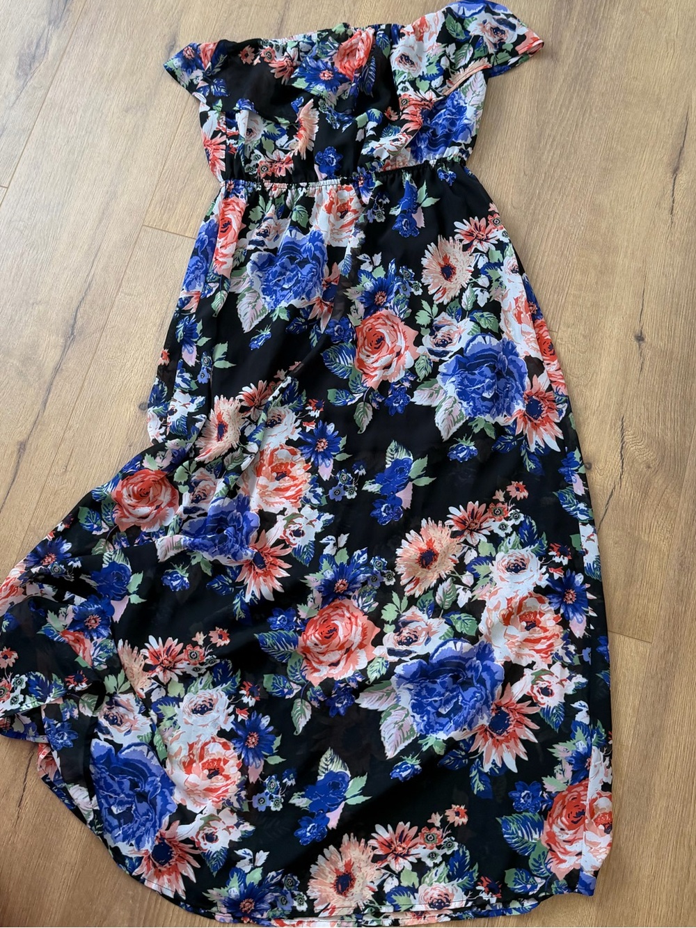 Floral Off-Shoulder Maxi Dress - Black with Blue & Coral Roses